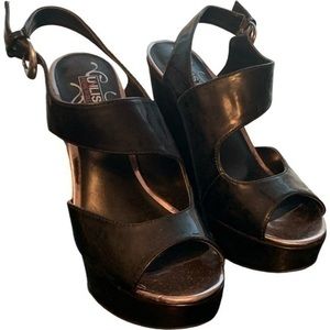 Unlisted Black Faux Patent Leather Platform Wedge Sandals Sz 7.5